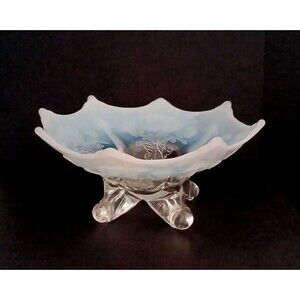 Footed Opalescent Glass Candy Dish with Embossed Paisley Pattern Milky White/Blu